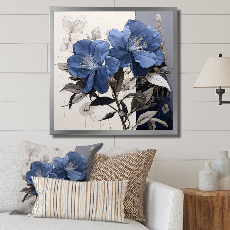 Impression florale sur fond de rhododendron, Cadre simple argenté, H 30 po x l 30 po x P 1 po