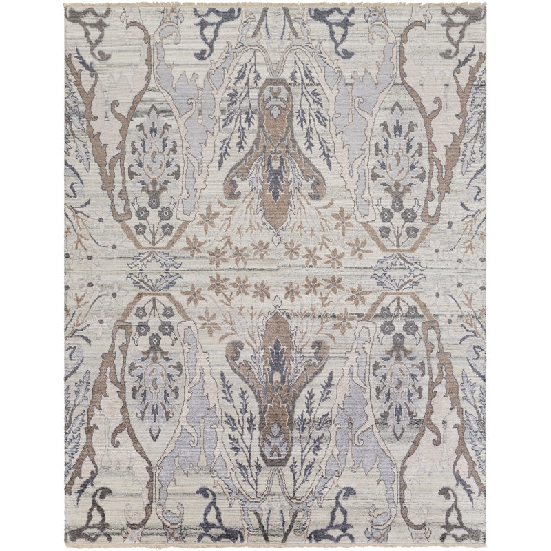 Tapis floral gris / brun noué à la main Floral, Rectangle 8 pi 10 po x 12 pi