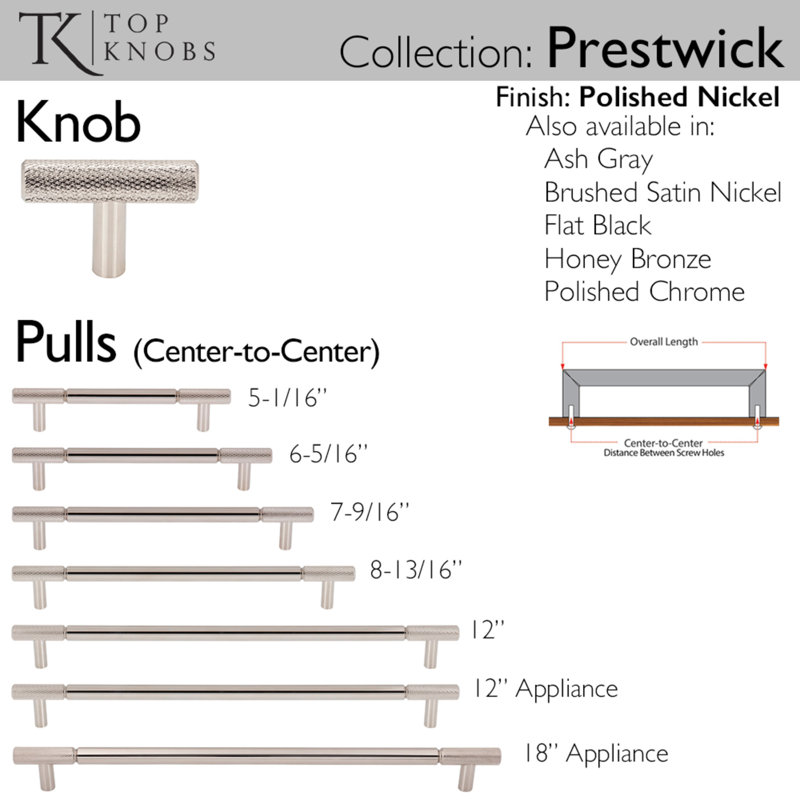 Prestwick T-Knob 2 Inch Brushed Satin Nickel, Polished Nickel