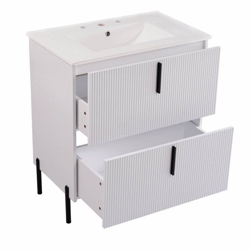 30" Bathroom Vanity With Ceramic Sink And Full-Extension Drawers, Soft Close Undermount Drawer Slides, Fluted Design, White