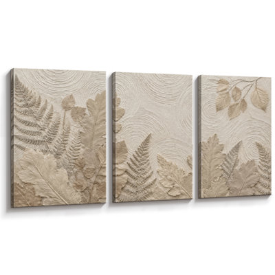 Tableau abstrait botanique beige taupe à motifs de feuilles, impression giclée sur toile en 3 parties (40,6 x 61 cm). Décoration murale pour la chambre. Dimensions : 3 pièces (40,6 x 61 cm).