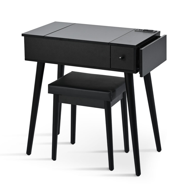 Coiffeuse noire avec DEL, 2 tiroirs, station de charge, panneau et tabouret en cuir pour la chambre à coucher, miroir de maquillage de coiffeuse 27,9 po