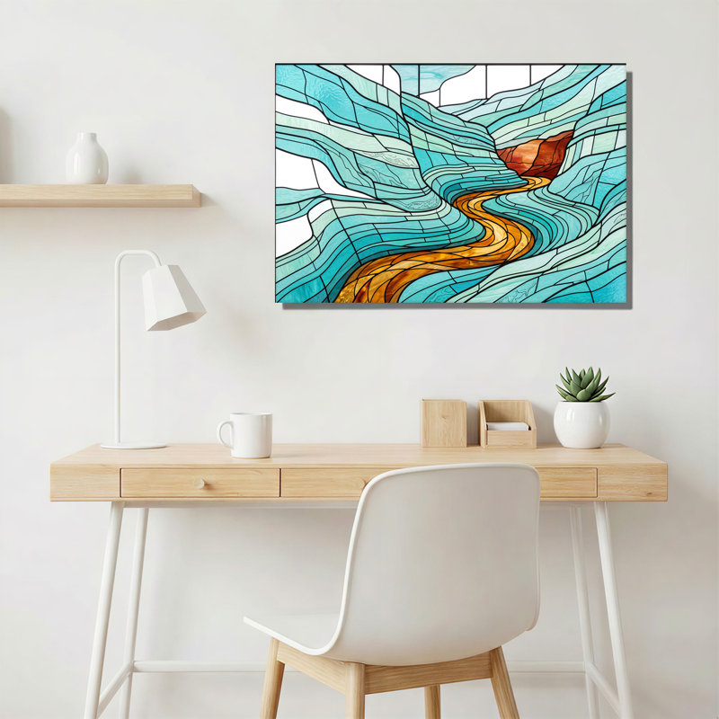 «Blue and Amber Winding River Canyon», art mural en verre coloré, H 24 po x l 36 po