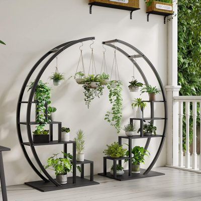 Half Moon 5-Tier Plant Shelf Set, Metal Indoor/Outdoor Flower Stands with Hanging Hooks, Sturdy Storage Rack for Terrace, Garden, Balcony