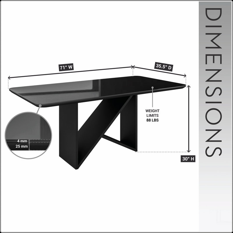 Table de salle à manger 6 places de style italien avec plateau en verre peint et base en bois élégante, Noir, Noir