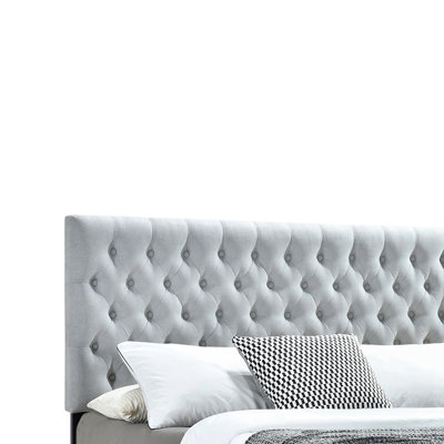 Très grand lit oriental avec rangement à 4 tiroirs, tissu gris rembourré, tête de lit à boutons, bois franc asiatique et structure en bois