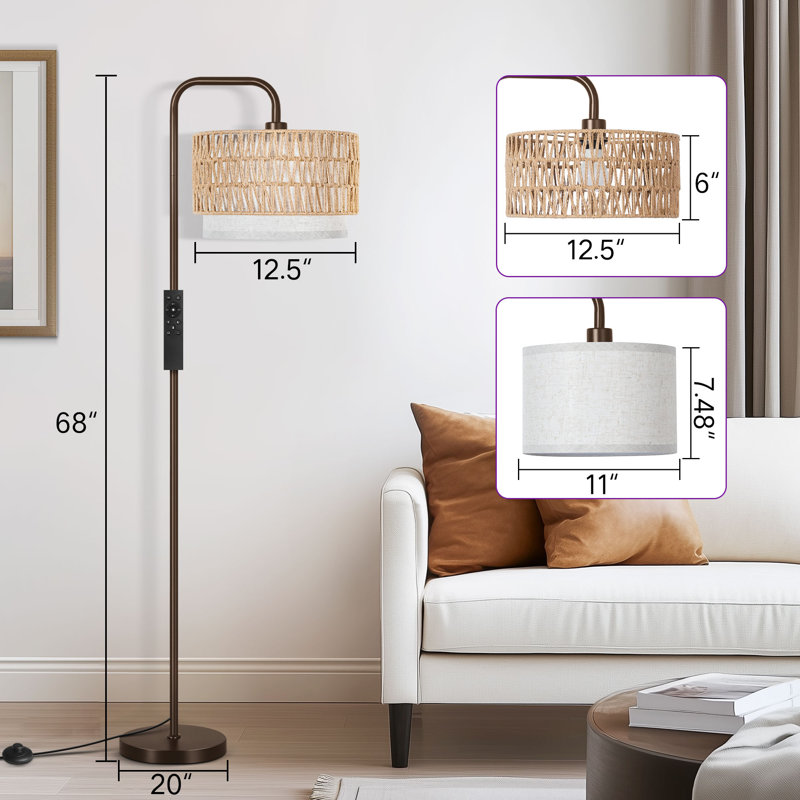 68" Arched/arc Rattan Floor Lamp With Bulb And Remote Control, Brown