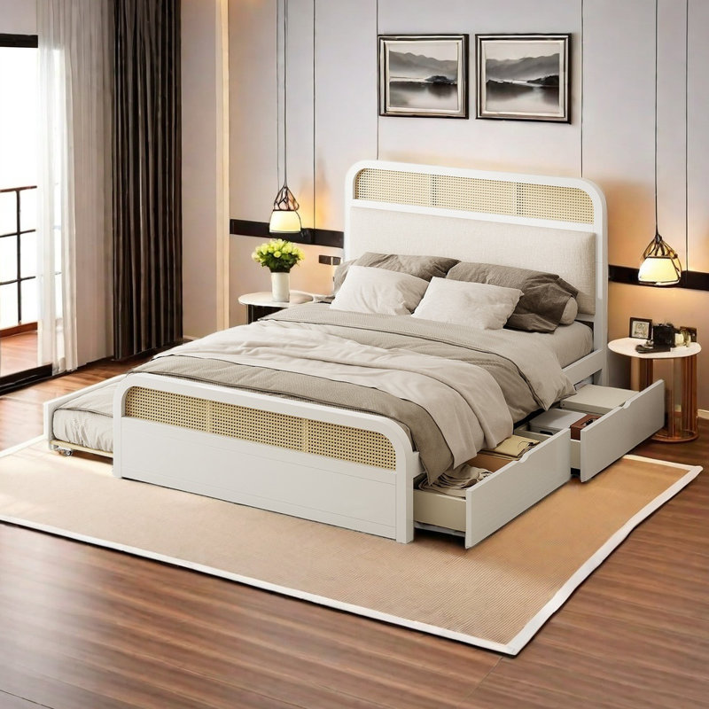 Queen Size Wooden Platform Bed With Trundle And 2 Drawers, White