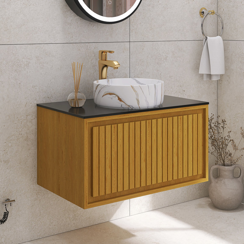 Meuble-lavabo mural de 30 po en contreplaqué pré-assemblé avec comptoir en pierre frittée et lavabo en céramique