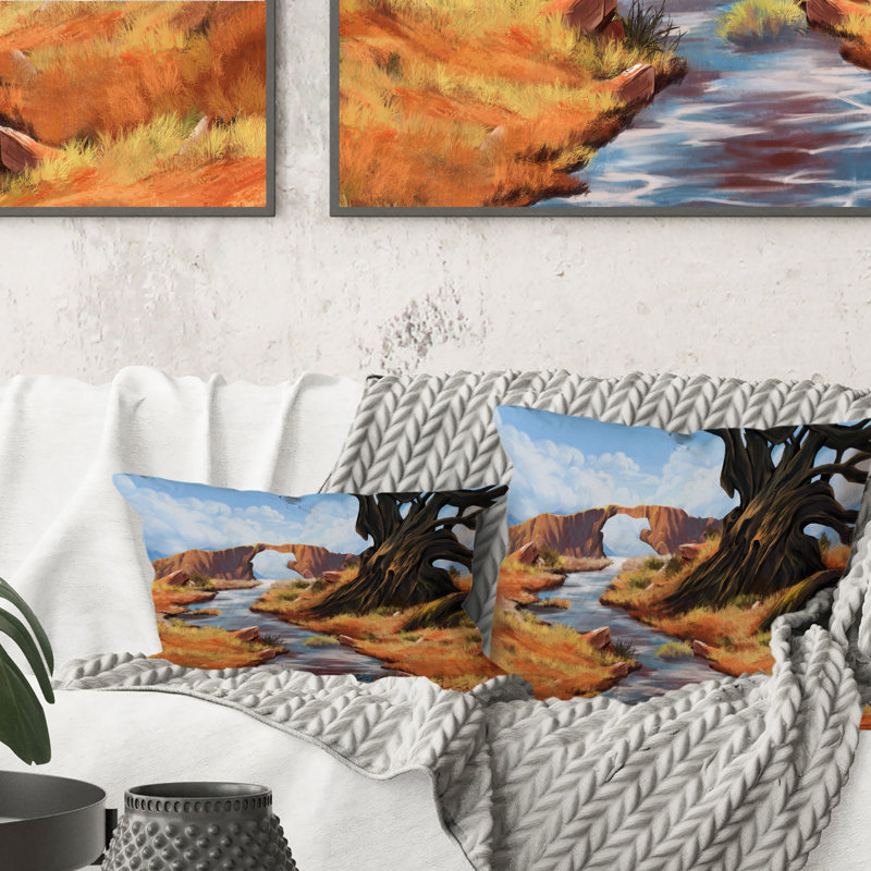 Stone Bridge Over Autumn River - Coussin décoratif à imprimé traditionnel, 18 po x 18 po