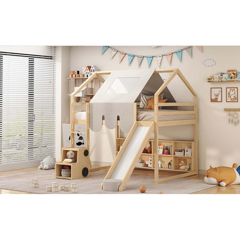 Lit mezzanine en bois avec structure en forme de maison et tente, Lit double, Naturel