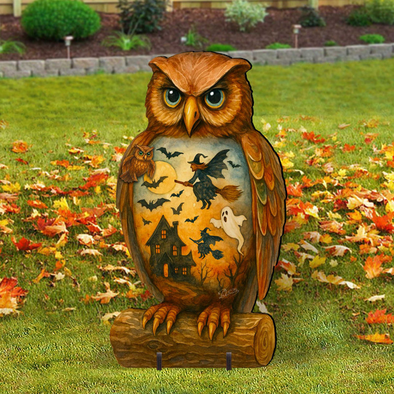 Halloween Hibou autoportant Lidell - présentoir de jardin en bois fabriqué à la main par G. Debrekht