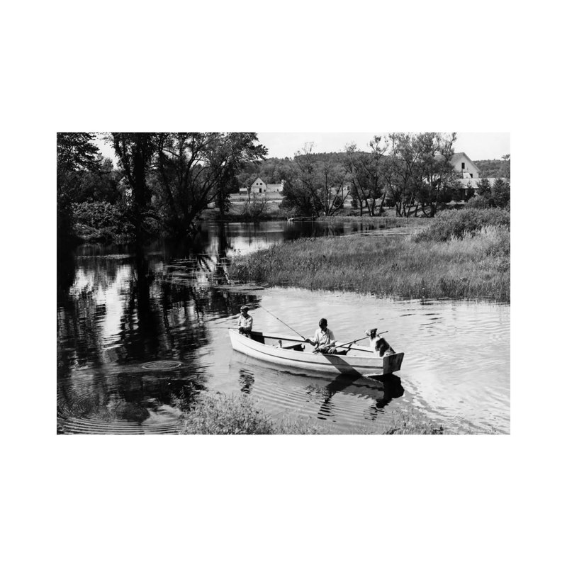 1930S-1940S Pair Of Boys In Rowboat With Collie Fishing In Farm Area - Wrapped Canvas Print
