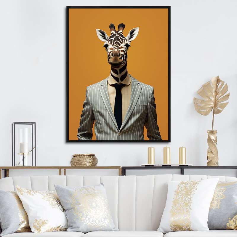Gris, girafe, mode, costume I - girafe, art mural, Cadre flottant noir, H 40 po x l 30 po