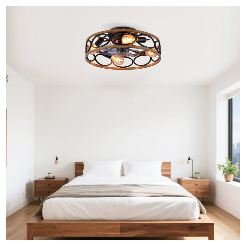 Ventilateur de plafond en cage noir mat 20 po avec ensemble d'éclairage - Ventilateur d'intérieur encastré industriel avec télécommande, moteur à courant continu réversible et 6 vitesses pour plafonds bas
