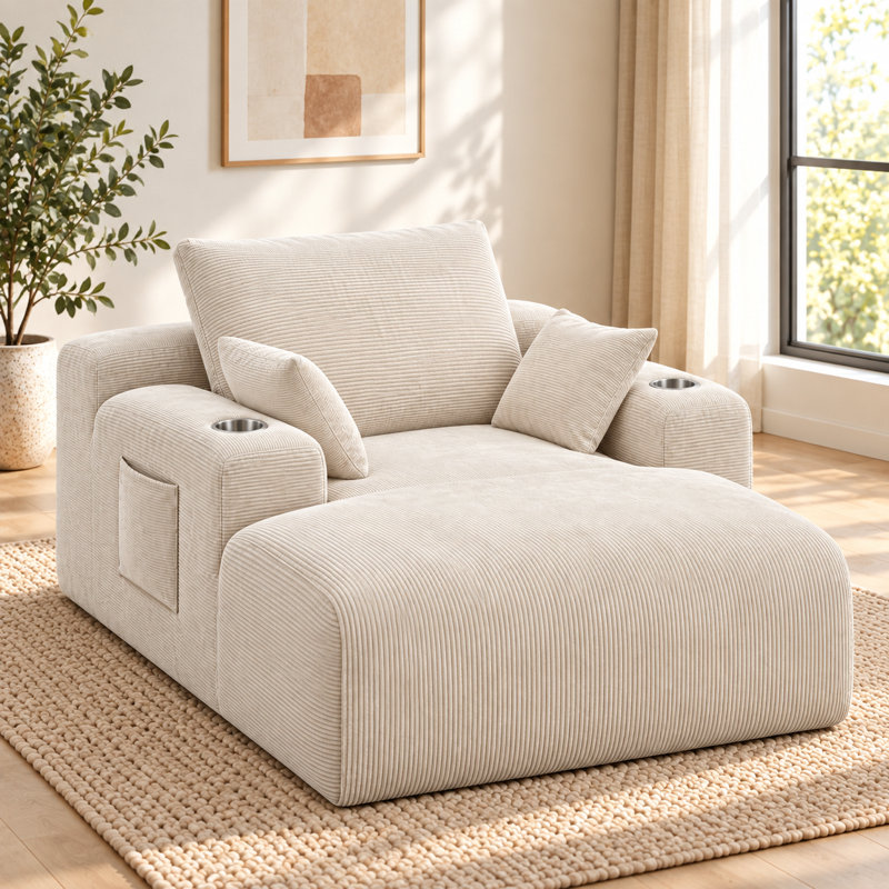 Chaise longue surdimensionnée Velquorisse de 182 cm (71,7 po) en velours côtelé avec deux porte-gobelets, une poche de rangement, des coussins et aucun assemblage requis