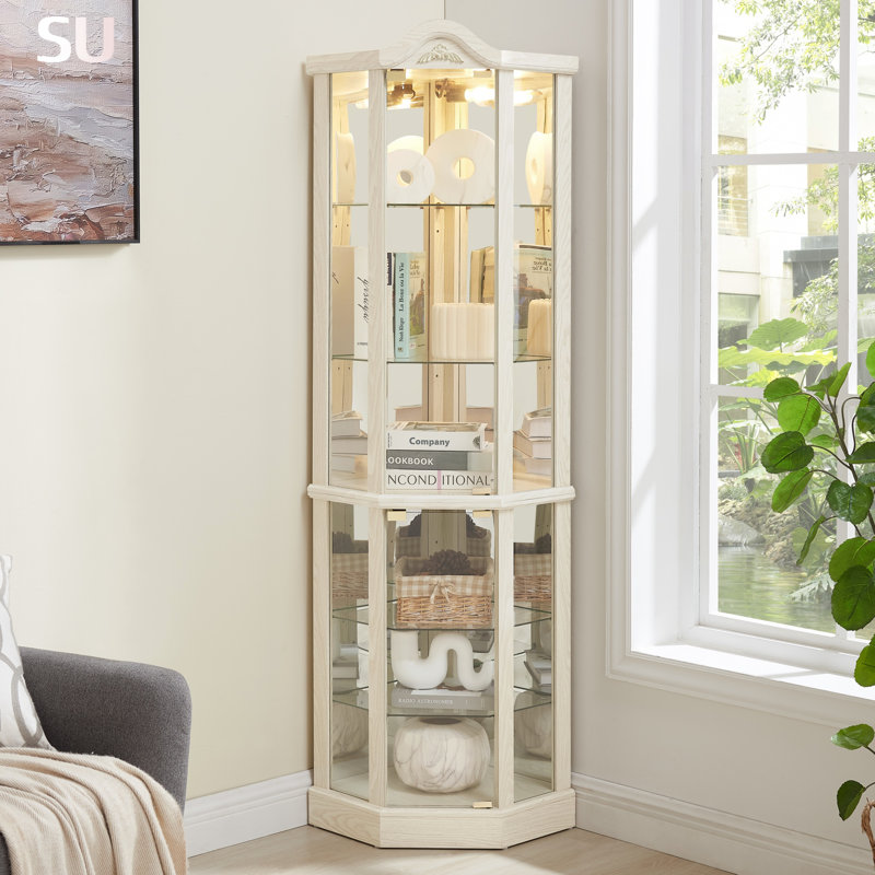 Lighted Glass Display Cabinet With Adjustable Shelves And Carved Decoration, For Home Or Office Use, White