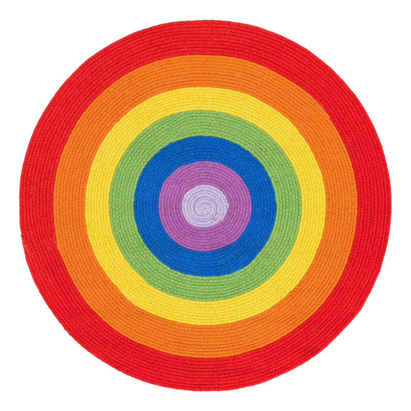 Tapis arc-en-ciel en laine tressé à la main Ebern Designs, Rond 4 pi 1 po