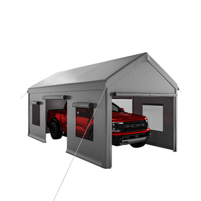10x20 FT Heavy Duty Carport with Roll-up Windows, Portable Garage with Removable Sides & Doors for Car, Boat, Truck