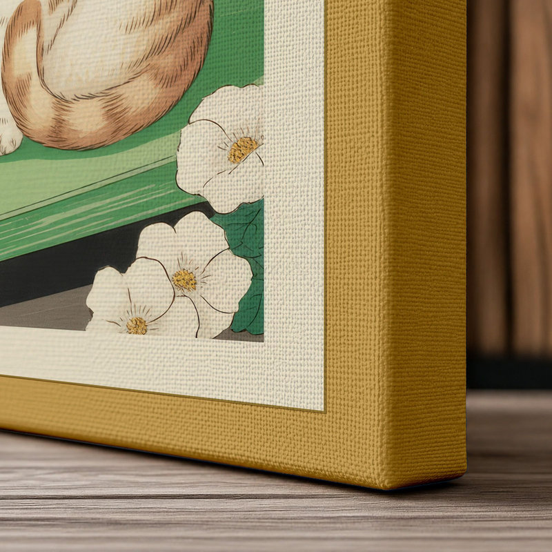 Cat by the Window Japandi - Wrapped Canvas, 18x12 - 45.7 x 30.5 cm, Ochre Border