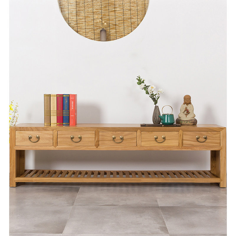 Console télé en bois massif naturel avec cinq tiroirs de rangement et tablette inférieure à lattes