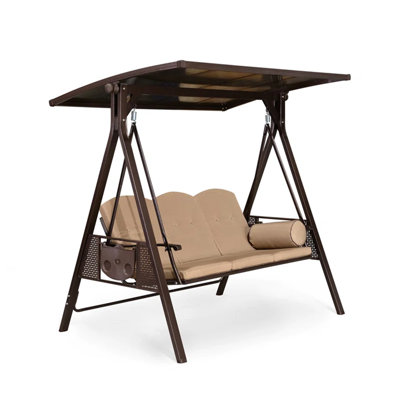 Grande balancelle 3 places avec support avec auvent réglable en PVC, coussins et oreiller inclus, beige