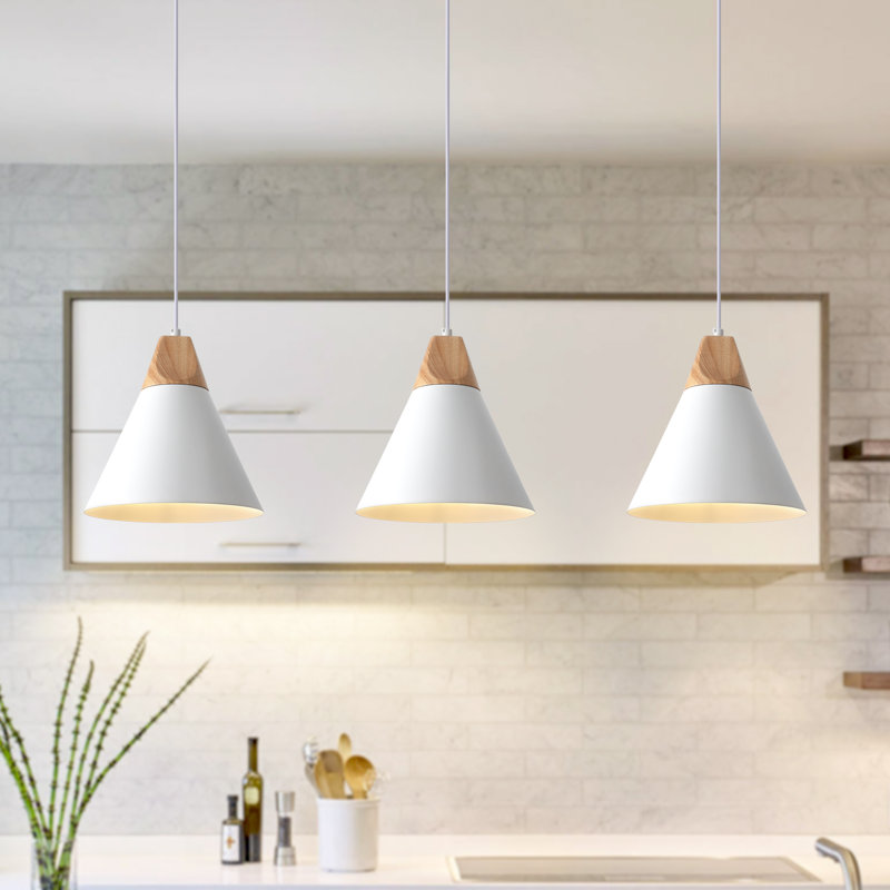 Hinsinger 3-Light 9.4“ Wide Single Cone Kitchen Island Pendant Light with Wood Accents, White