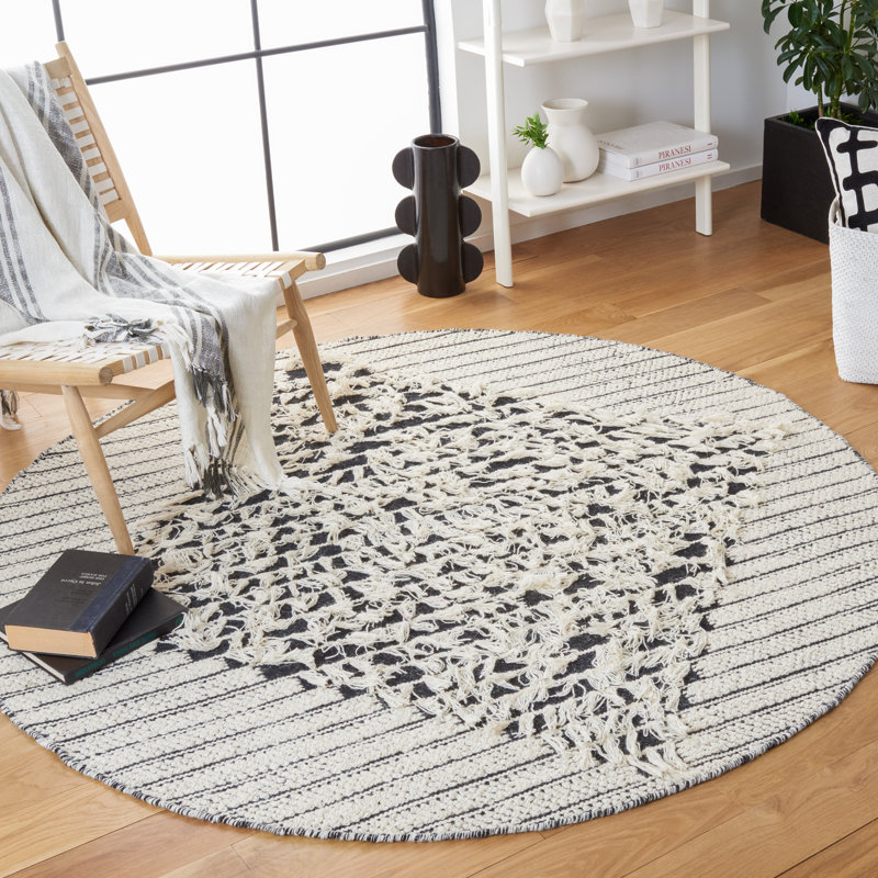 Vermont Flat Weave Wool/Cotton Striped Rug in Ivory/Black, Round 6'