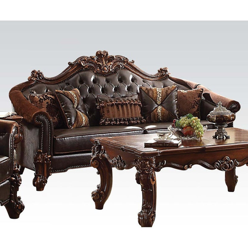 Cabildo Rolled Arm Sofa in Bone and Gold Patina, Brown Faux Leather, 48" H x 89" W x 43" D
