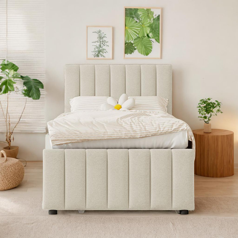 Lit plateforme tapissier charmant avec lit gigogne et 3 tiroirs, Lit simple, Beige