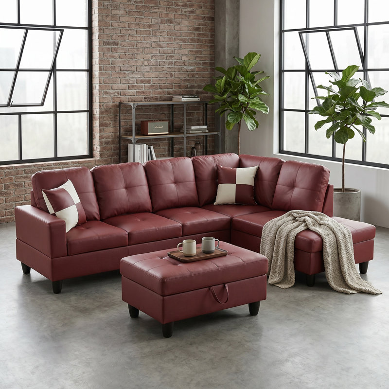 Canapé modulaire en L en similicuir bourgogne avec méridienne réversible et repose-pieds avec rangement, ensemble de canapé capitonné avec 2 coussins décoratifs pour le salon
