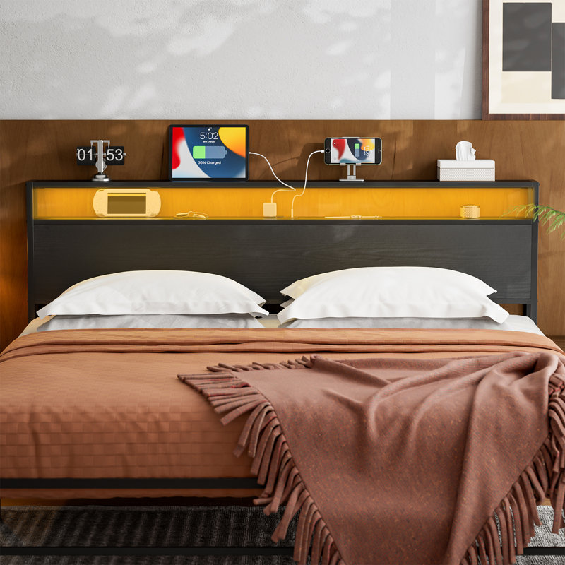 Anasofia Storage Headboard with Led Lights and Charging Station, Black, King