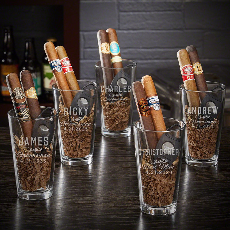 16oz Groomsmen Cigar and Beer Glasses Set - Groomsmen Gifts, Yes