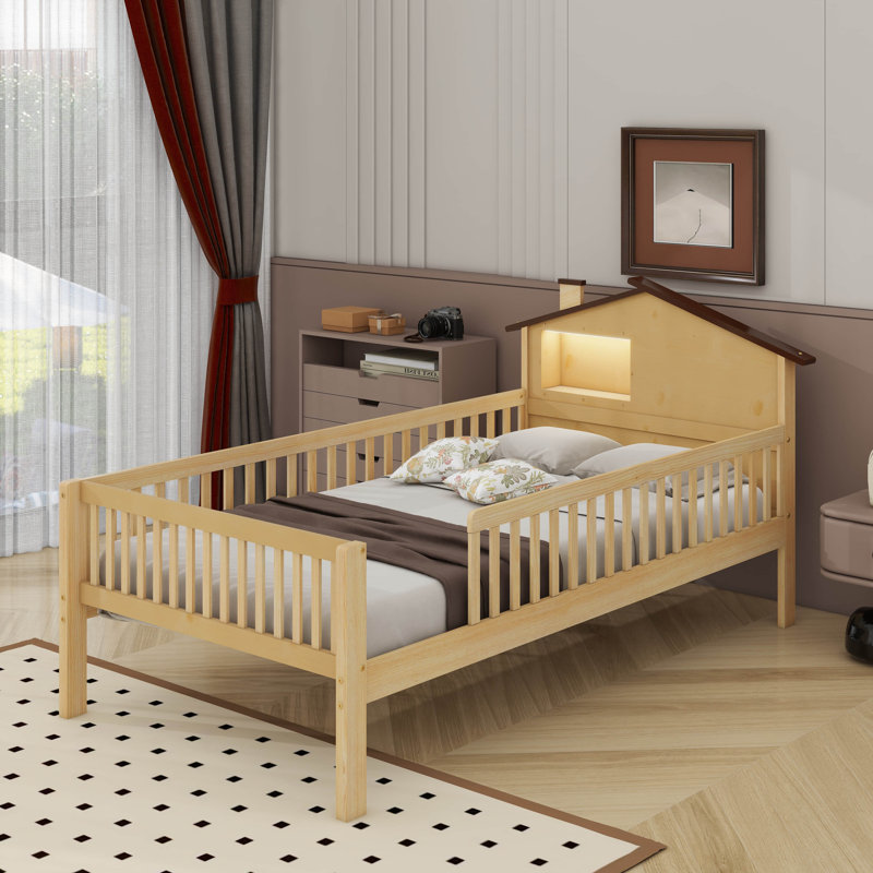 Lit plateforme en bois avec tête de lit en forme de maison, rangement intégré et DEL, Naturel, Lit simple