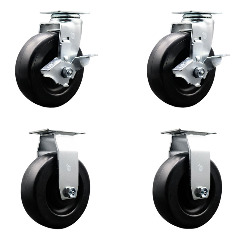 4 Piece Polyolefin Caster Set with Roller Bearings 2 Brakes 2 Rigid