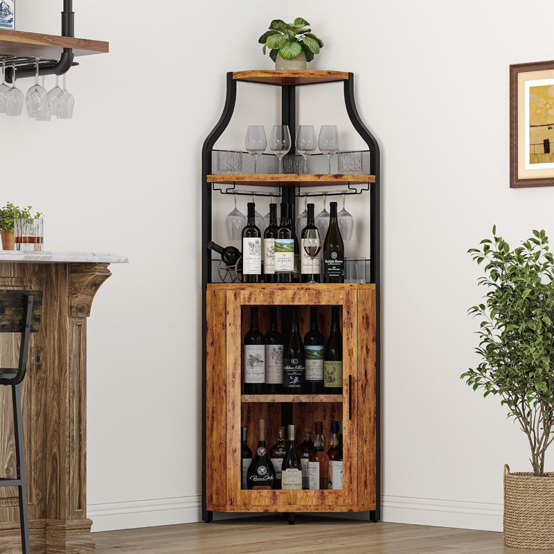 Armoire de coin avec porte-bouteilles et porte-verres, armoire de bar industrielle à 5 niveaux, brun, 60.6 18.5 5.1, Brun