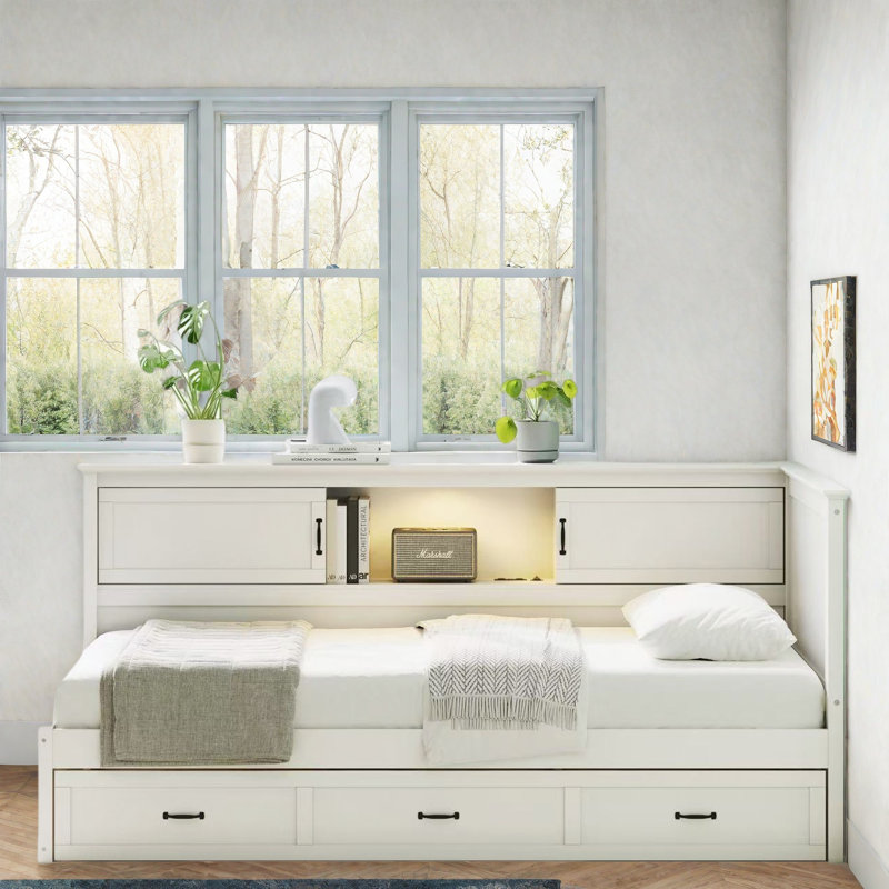 L-shaped Daybed With Drawer, Storage Cabinets, Led Downlight And Usb Port, Twin