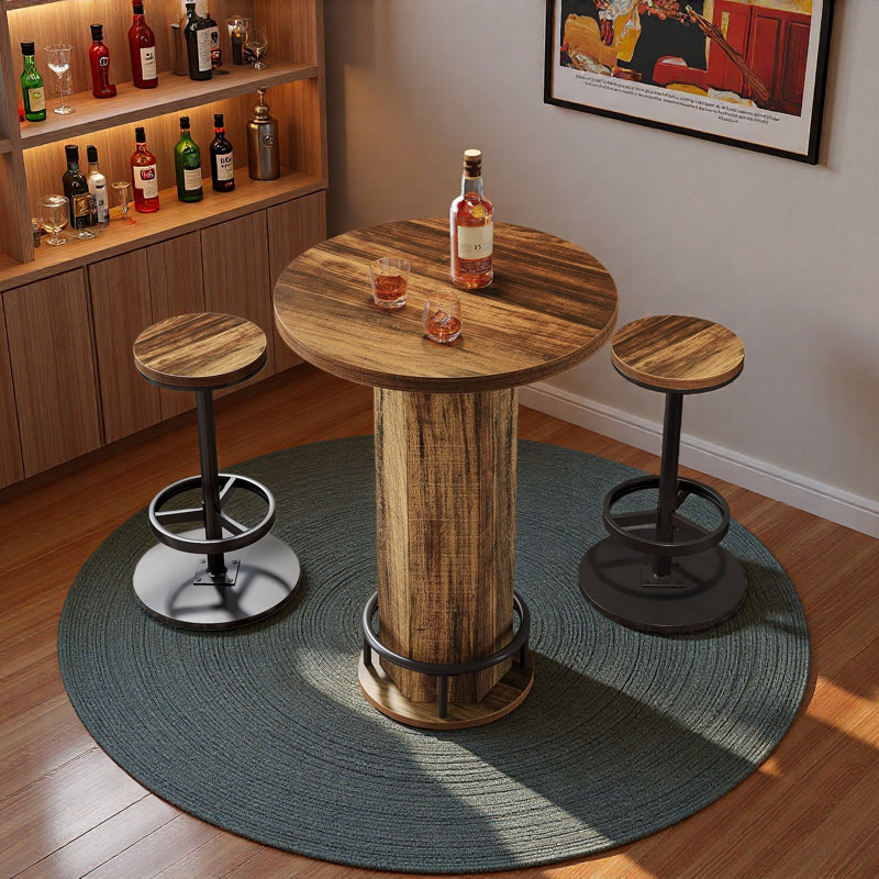 Round Bar Table Set, Farmhouse  Home Bar with 2 barstools, Brown