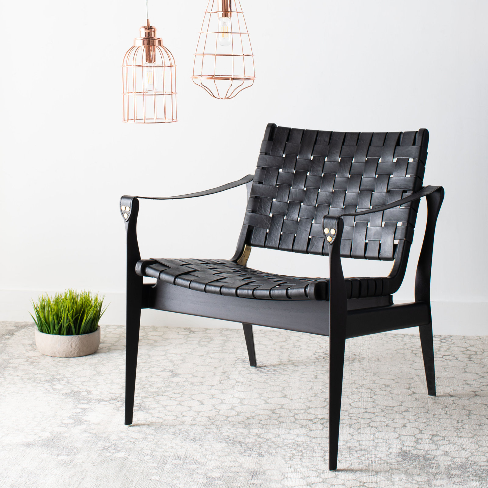 Kenan Upholstered Armchair, Black Genuine Leather, Black