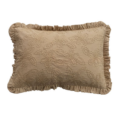 Woven Cotton Lumbar Pillow With Hand-Embroidered Kantha Stitch And Ruffle