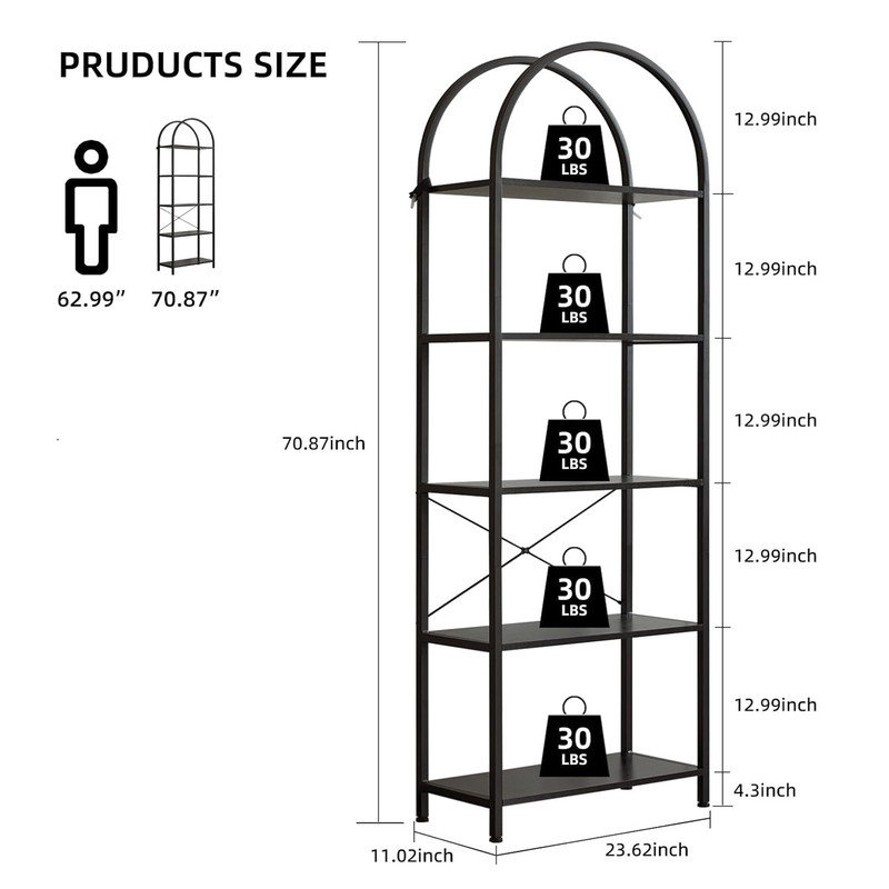 60cm W Metal Standard Bookcase, Black, (5 Shelves) 180cm H x 60cm W x 30cm D