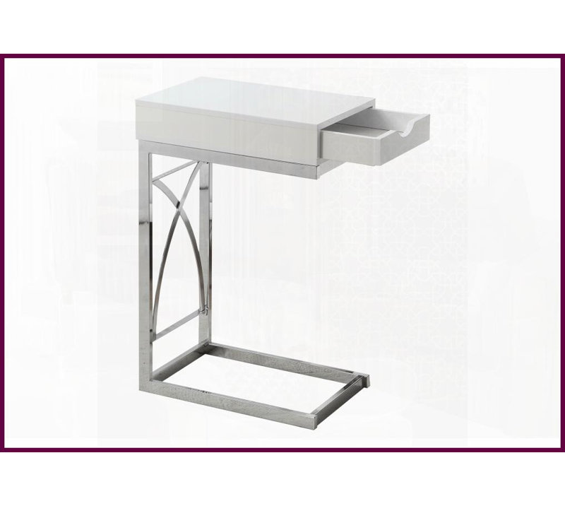 Table basse contemporaine en forme de C - blanc brillant & amp; Chrome, peu encombrant avec tiroir de rangement double-face