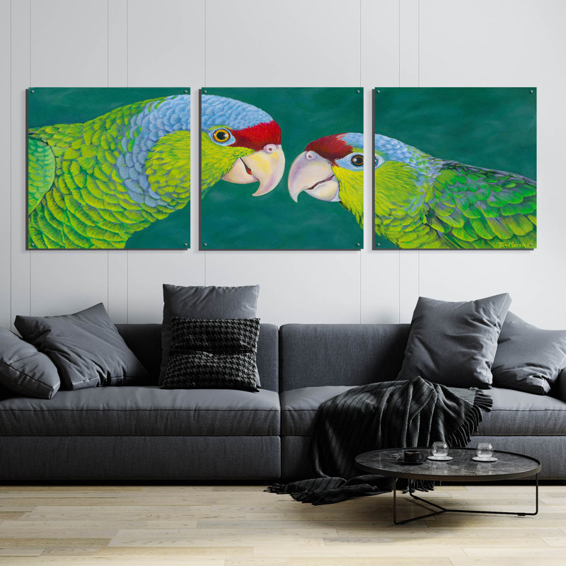 «Lilac Crowned Amazons» par Tim Marsh, art mural en verre acrylique, 3 pièces, 108 po x 36 po, H 36 po x l 108 po