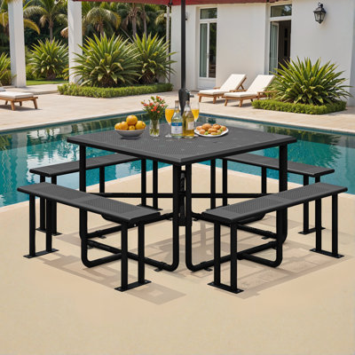Ensemble de table de pique-nique de salle à manger pour l'extérieur, 4 bancs avec trou pour parasol, imperméable et facile à nettoyer 