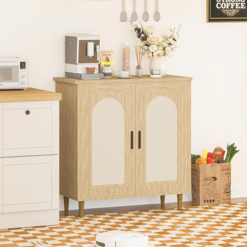 Buffet avec rangement en rotin, pieds en bois massif pour le salon, le couloir et le vestibule, Brun