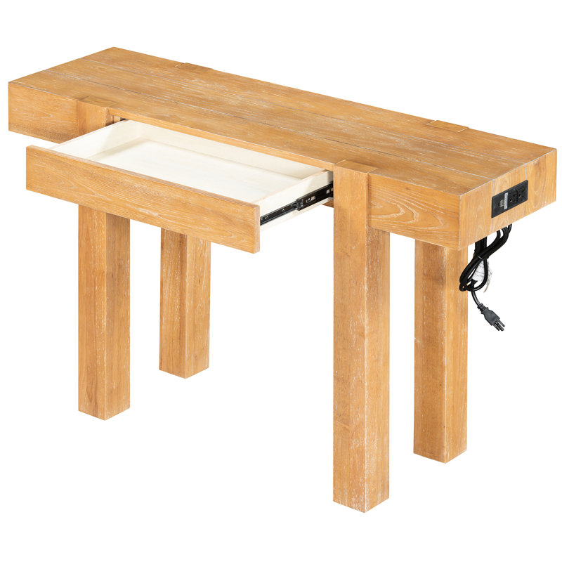 Table de console rustique minimaliste avec prise électrique latérale et rangement dissimulé, idéale pour différents styles d'intérieur, en bois massif, hauteur 75,4 cm (29,71 po), tiroir de rangement naturel, convient aux intérieurs contemporains ou autres.