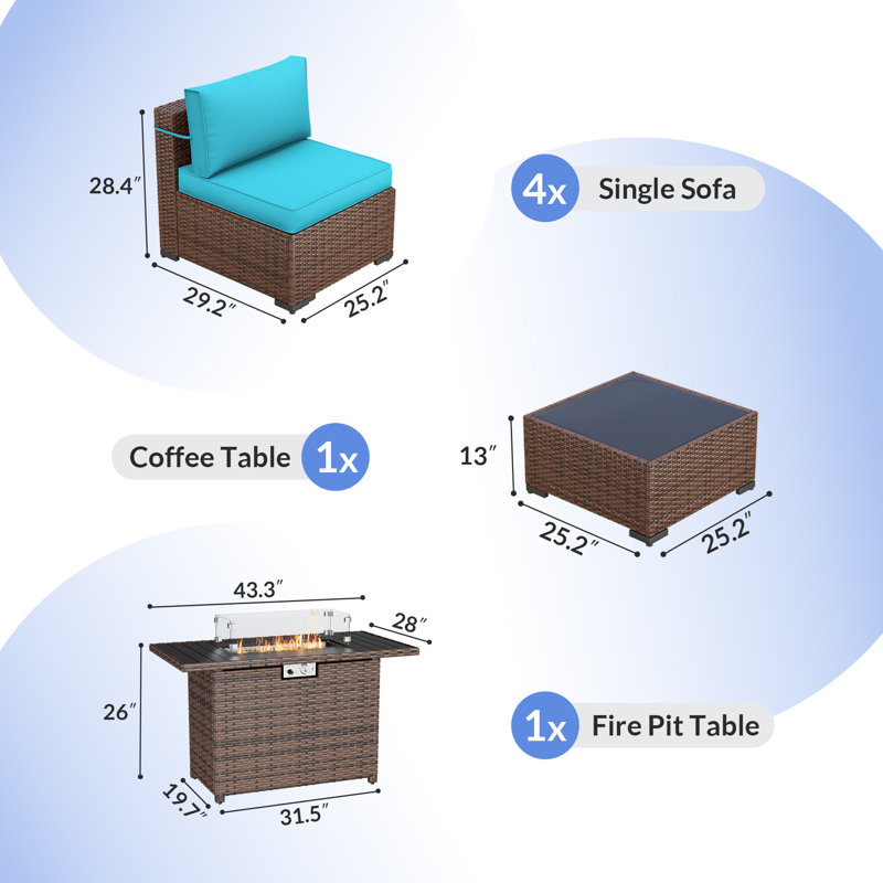 Ensemble de conversation pour 4 personnes Rikuto avec coussins de dossier, table de foyer et table basse, Bleu ciel