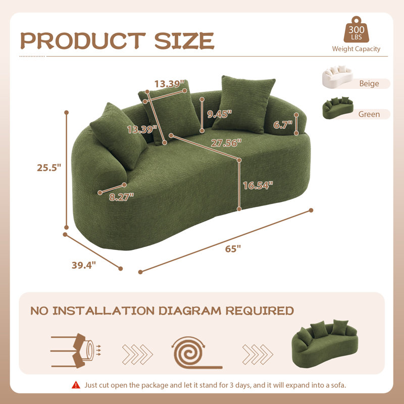 Boneless 65" Curved Small Loveseat Sofa,Cozy Chenille Upholstered Couch with 3 Pillows,Modern Deep Seat Cloud Couch Memory Foam Compression Sofa,for Living Room Apartment Office,No Assembly Needed