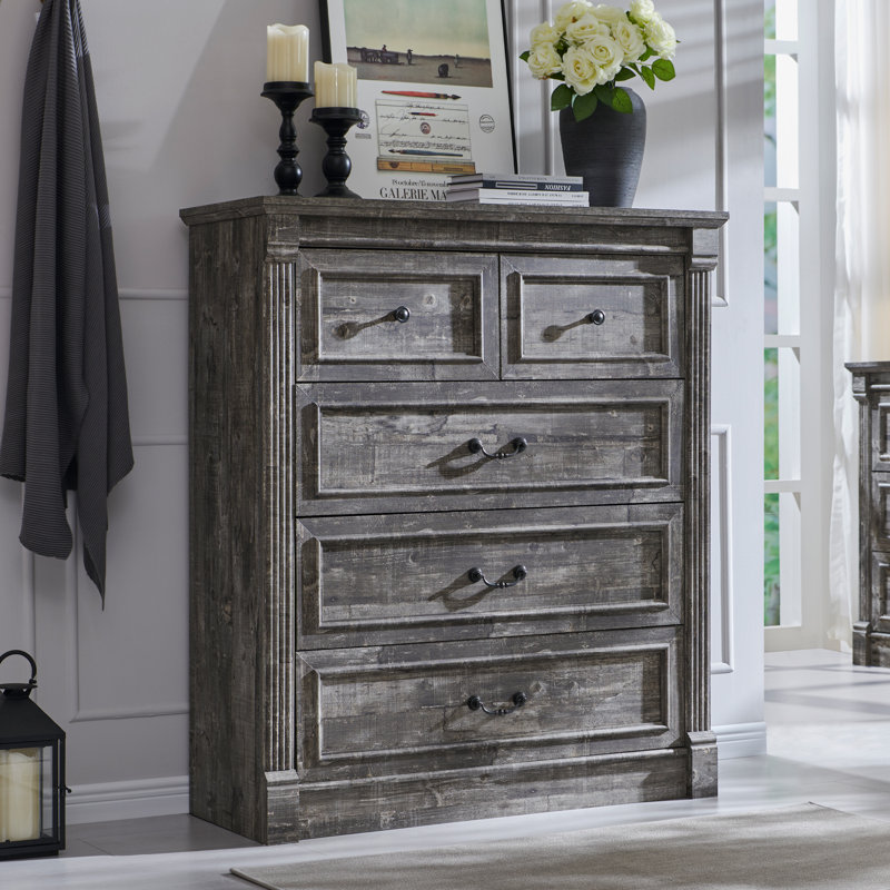 Farmhouse 5 Drawers Dresser for Bedroom, 46" Tall Dressers & Chests of Drawers w/Roman Column, Natural