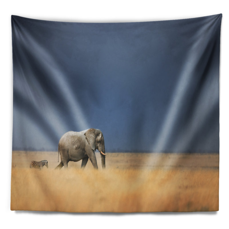 Tapisserie éléphant et zèbre de marche africain, H 32 po x l 39 po